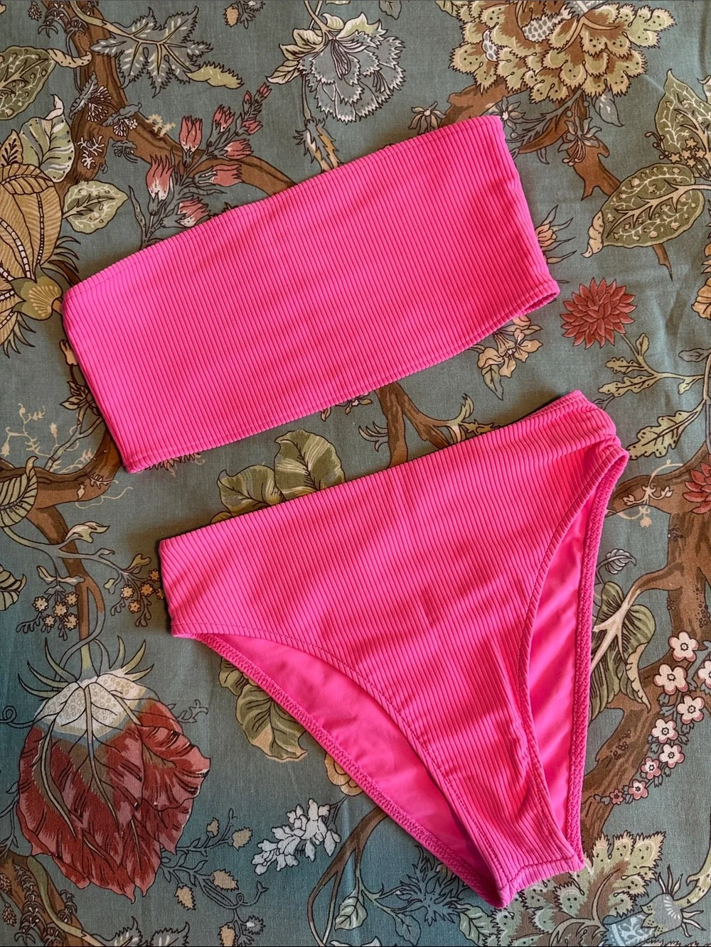 Frankie's Bikinis Ribbed Bandeau Bikini Set in Hot Pink